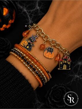 Halloween Black Cat Pumpkin Haunted House Charm Bracelet Gold Tone NWT